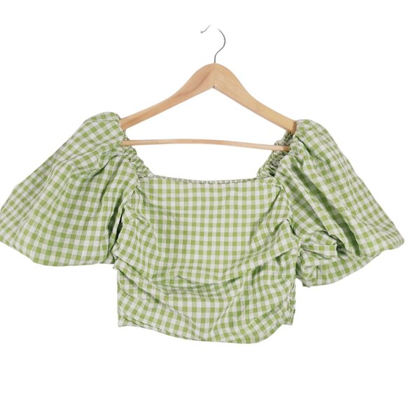 Mimosa Tops - Mimosa, Crop Top,  Green/White Gingham Check, Puffy Sleeves, Small Western Style